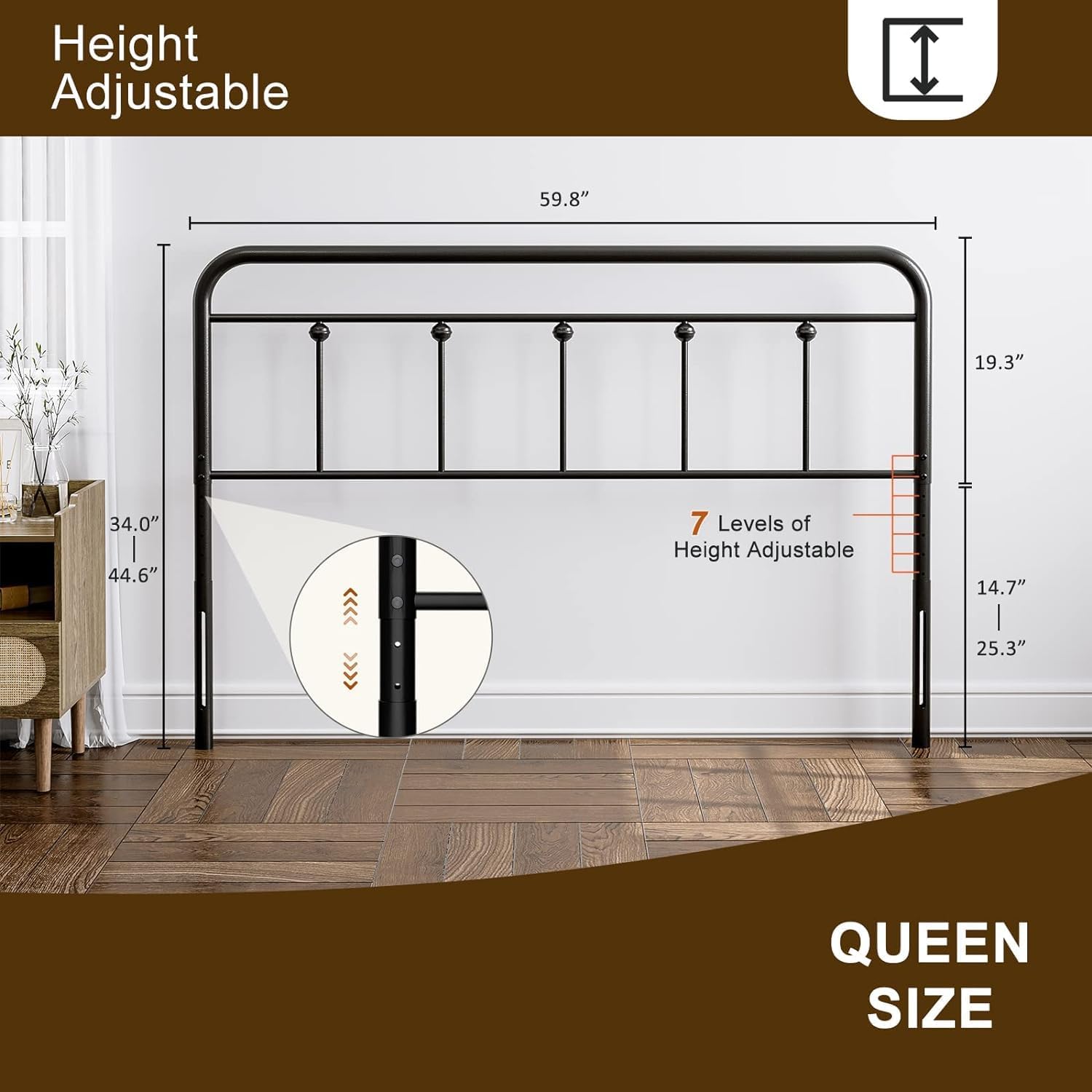 Metal Queen Size Headboard, Victorian Farmhouse Style, Adjustable Height, Curved Steel Queen Headboard Only, Easy Assembly, Attach Frame - Black
