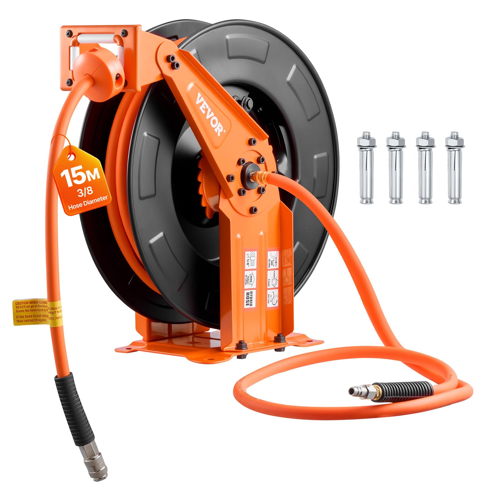 VEVOR Carrete de Manguera de Aire Retráctil 15 m x 9,5 mm, Manguera para Compresor de Aire Presión Máxima de 300 PSI, con Entrada de 1,52 m, Brazo Doble para Montaje en Techo o Pared, para Taller