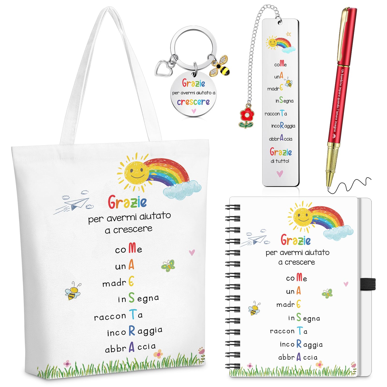 Hestya 5 Pezzi Regalo di Ringraziamento per Insegnante Include Borsa a Tracolla Blocco Note a Spiralato Portatile Portachiavi Segnalibri Penne a Sfera Regalo Maestre Fine Anno