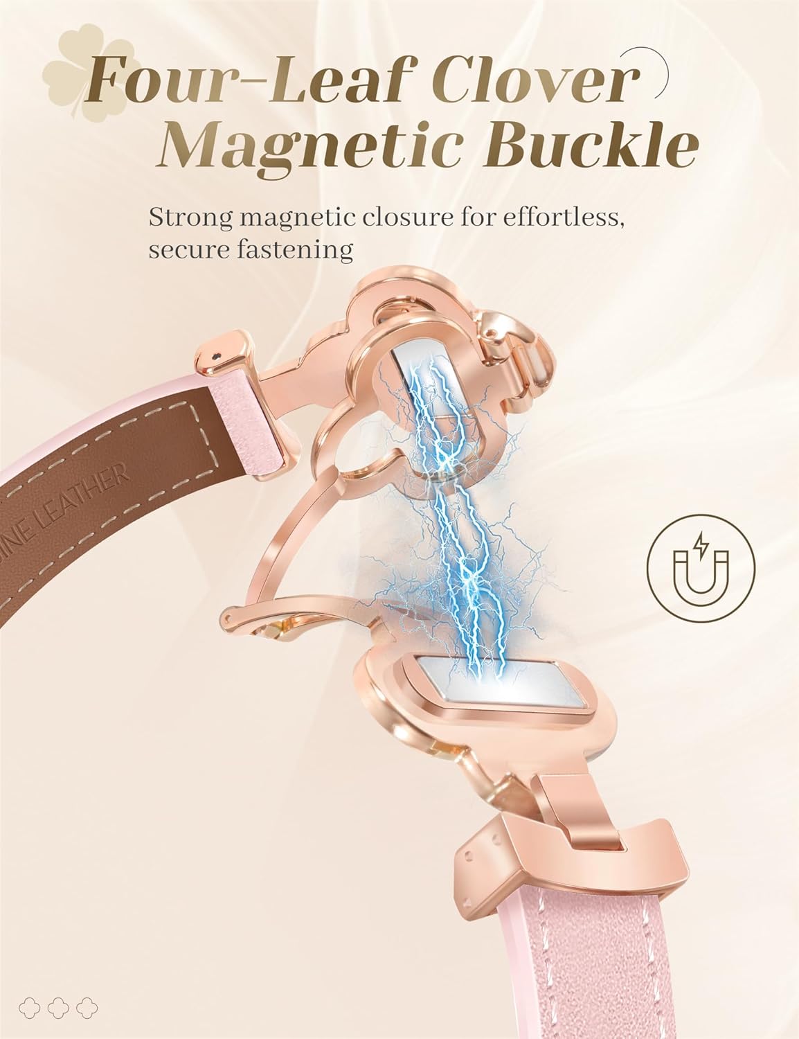 MOINSPIRE Designer Slim Leather Bands for Women,Lucky Four-Leaf Clover Cute Dressy Magnetic Watch Bands for iwatch Compatible with Apple Watch Series 11/10/9/8/7/6/5/4/3/2/1 SE 1/2/3 Ultra 1/2/3