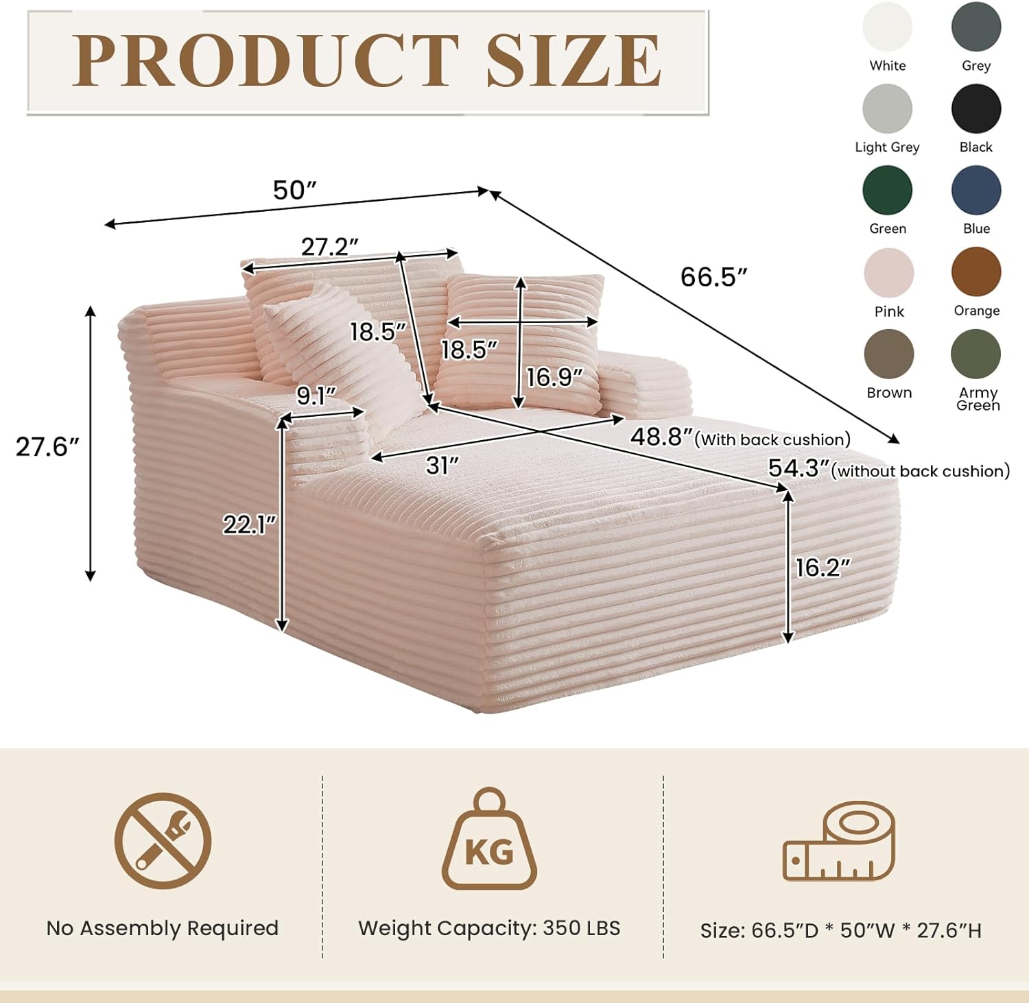 Corduroy Oversized Chaise Lounge Chair Indoor, 50"W Upholstered Fluffy Cloud Couch with 3 Pillows, Deep Seat Sofa, Comfy Reading Armchair, Sleeper Sofa Bed Chair for Living Room, Bedroom(Pink)