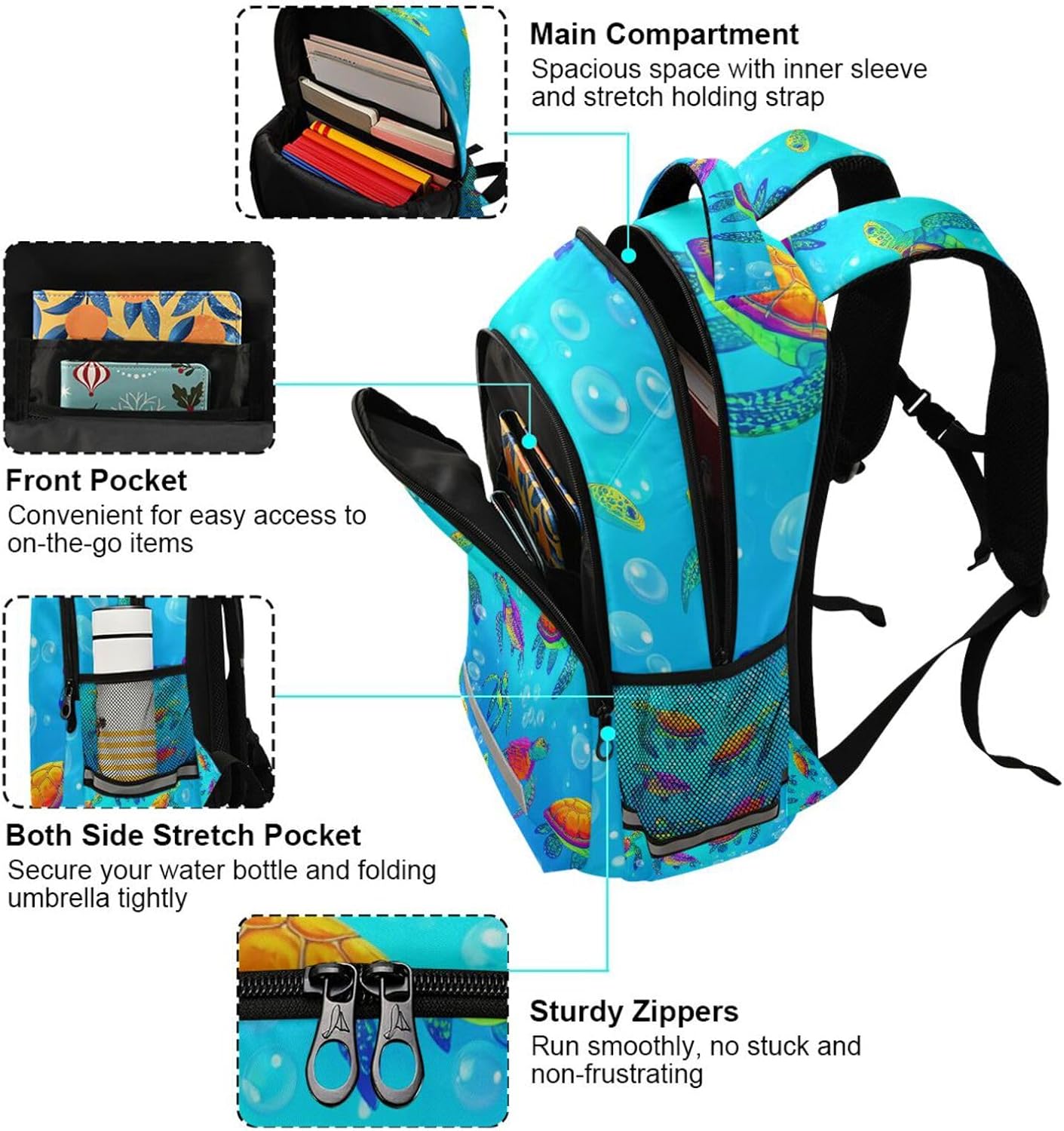 xigua Students Backpack Boy Girl School Bookbag,Glowing Beautiful Blue Turtle Waterproof 12.9In Laptop Backpack for Children Outdoor Camping Travel Daypack Casual Bags