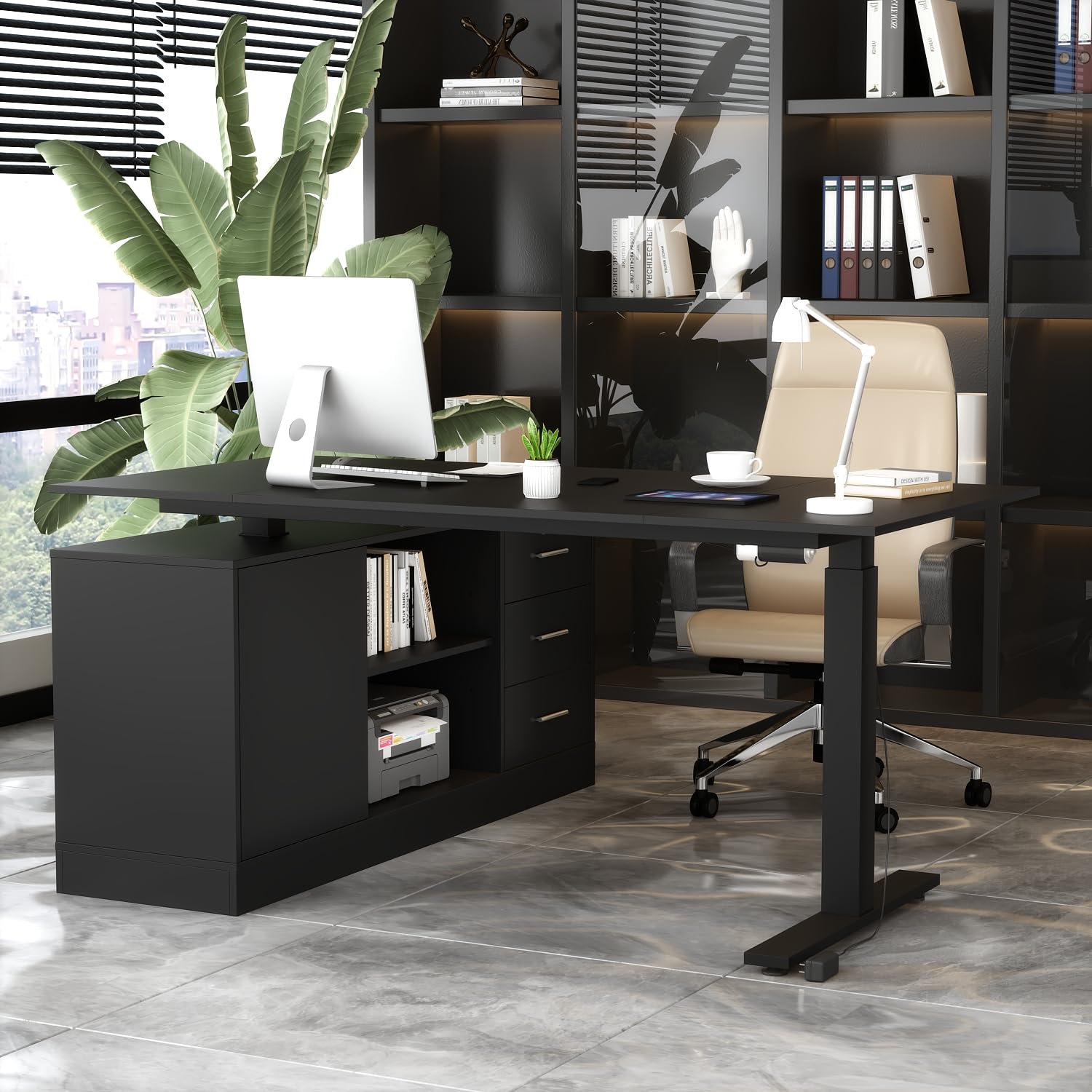 Hitow L Shaped Standing Desk Height Adjustable, 63" W Electric Sit Stand Desk with Drawers & Storage Cabinet, Reversible Home Office Table Corner