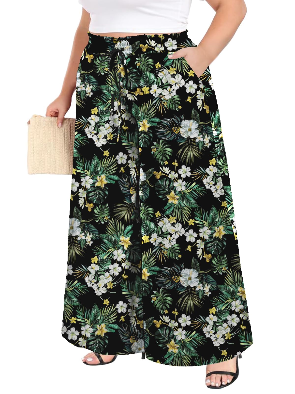 Moon Wood Damen Weite Stoffhose mit Taschen Sommer Lose Palazzo Hosen Hohe Taille Lounge Elegante Hose Große Größen