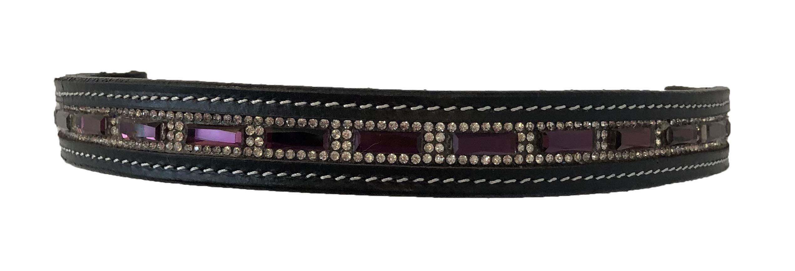 Equitem Pony Size Leather English Bridle Browband with Purple and Clear Crystals (Black)