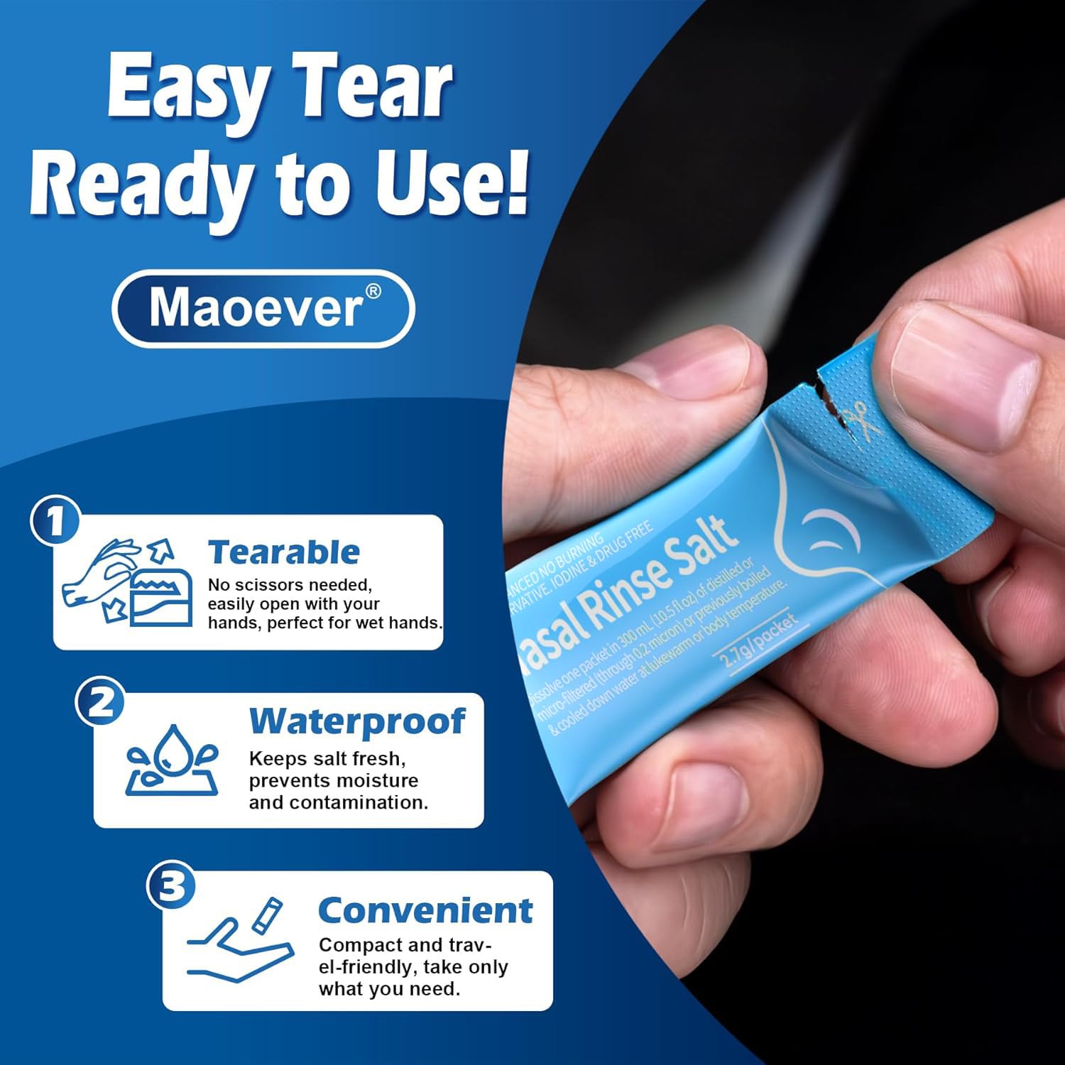 MAOEVER Saline Packets, Neti Pot Salt Packets, Individually Wrapped Saline Packets for Neti Pots, Nasal Irrigation, and Squeeze Bottles & Sinus Relief | Sinus Care (Blue, 120)