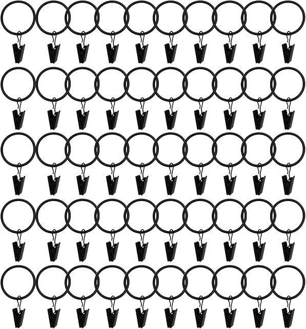 50pcs Curtain Ring with Clips, BetterJonny 32mm Internal Diameter Strong Metal Curtain Clips Shower Curtain Clip with Hook Black