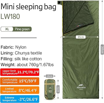 Naturehike Sleeping Bag Ultralight Mini Small Ultralight 680/760 g for 3 Seasons with 190 x 75 / 205 x 85 cm for Hiking Backpacking Camping at Approx. 15 °C Use