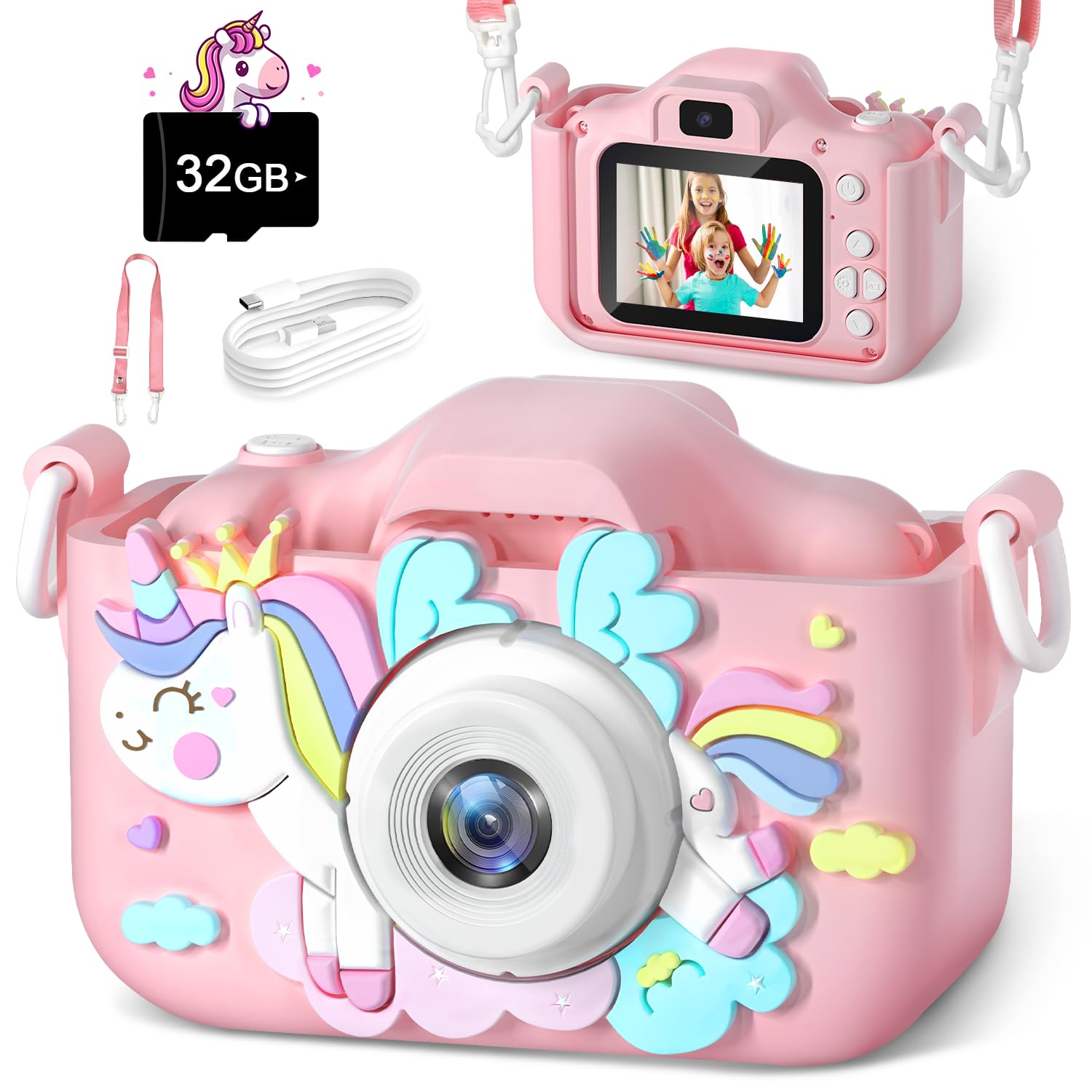 Anesky Kids Camera, Toy Camera for Girls/Boys Aged 3-12 Years, Kids Digital Camera for Toddlers with Video, Best Selfie Camera for Children with 32GB Card - Pink