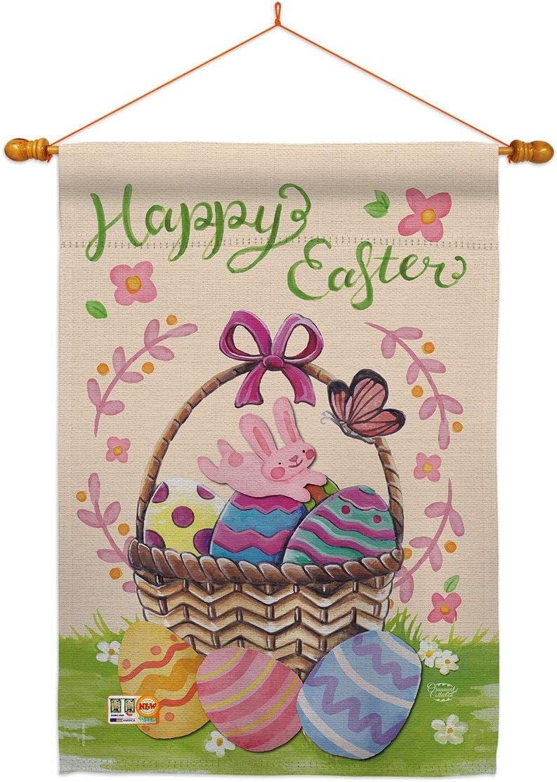 Happy Easter Colorful Basket Eggs House Flag Dowel Set Springtime Bunny Egg Christian Season Holiday Small Decorative Gift Yard Banner Made In USA 28 X 40