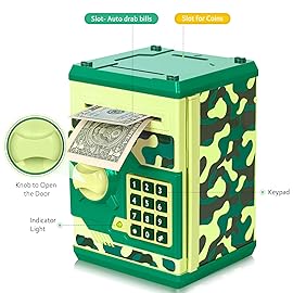ATM Piggy Bank for Boys Girls, Vcertcpl Mini ATM Coin Bank Money Saving Box with Password, Kids Safe Money Jar for Adults with Auto Grab Bill Slot, Great Gift Toy Bank for Kids(Camouflage Green)