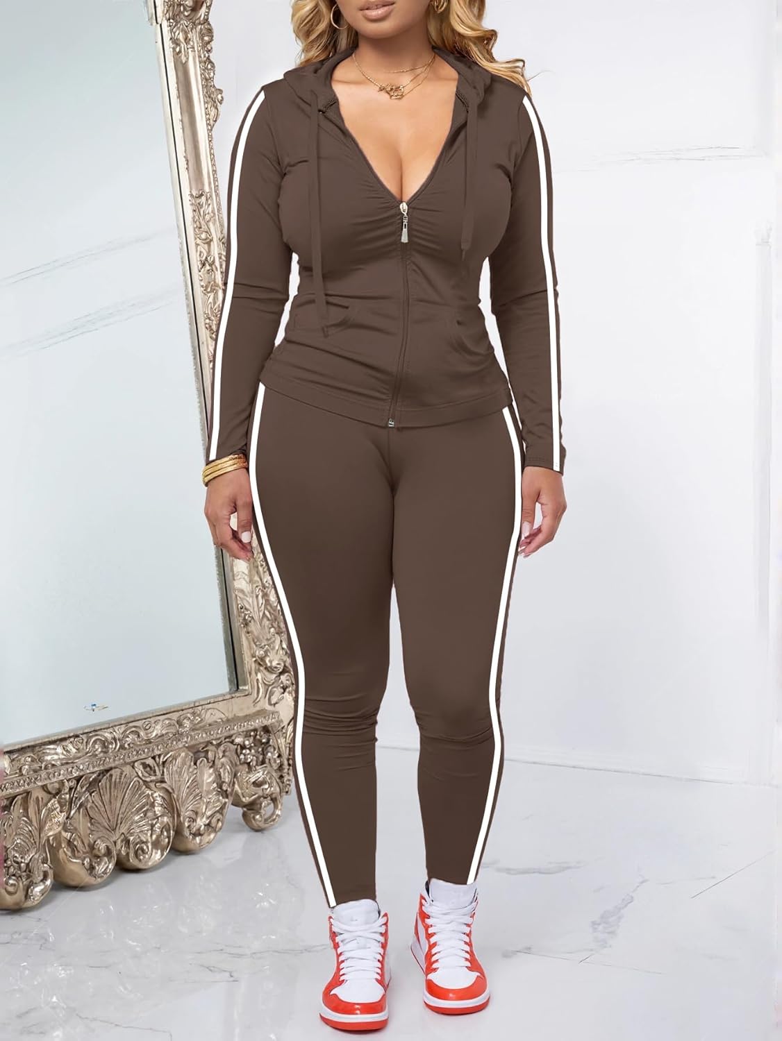 Women 2 Piece Outfits Casual Workout Sets Striped Bodycon Tracksuit Zip Up Long Sleeve Hoodle Jacket Jogger Pant Set - Image 2