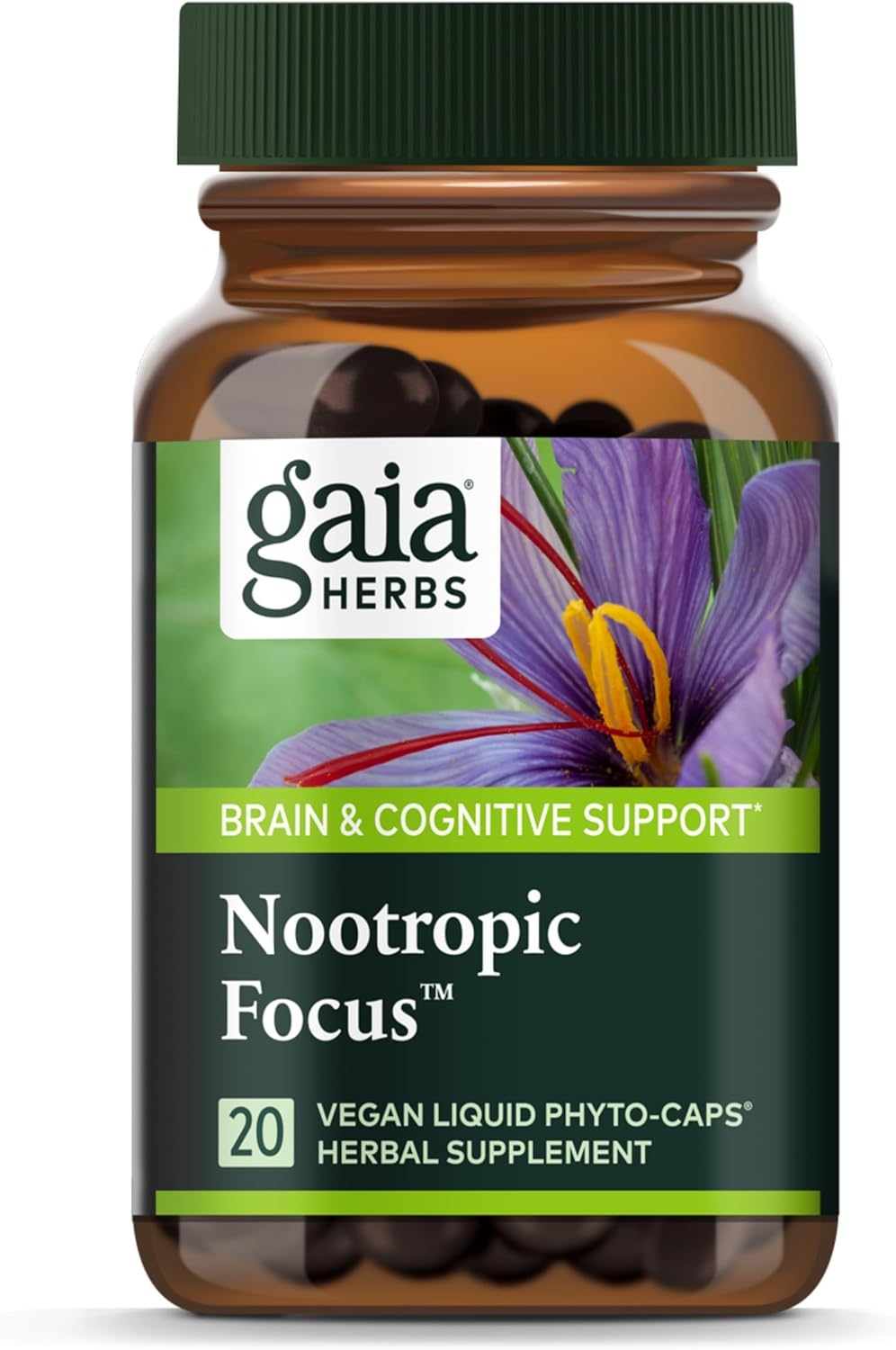 Gaia Herbs Nootropic Focus – Brain & Cognitive Support Supplement to Help Maintain Healthy Concentration* – with Saffron, Lemon Balm & Spearmint – 20 Liquid Phyto-Capsules (Up to 10-Day Supply)