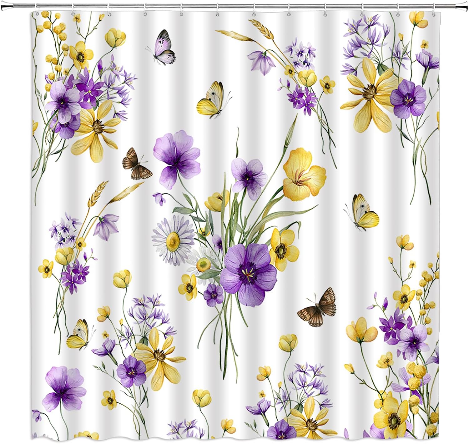 GCTNBJL Yellow Blue Flower Shower Curtain Rustic Watercolor Blue and Yellow Floral Butterfly Nature Spring Plant Bathroom Decor Fabric Curtain with Hooks
