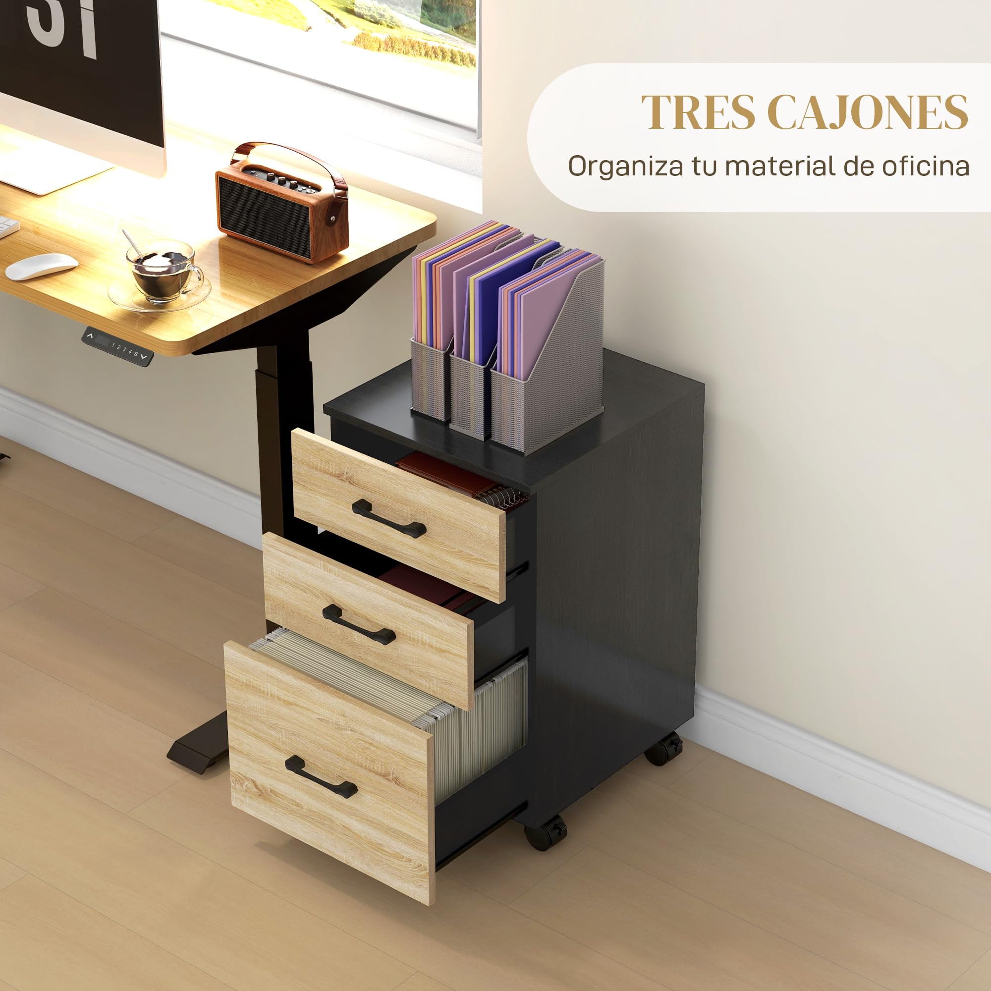 HOMCOM Cajonera de Oficina Mueble Archivador con 3 Cajones para Tamaño A4 Carta 4 Ruedas para Salón Estudio 40x42x65 cm Roble y Negro