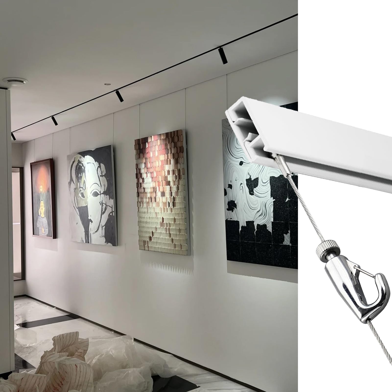 Colgadores invisibles para cuadros con cuerda de alambre y ganchos, kit de colgar arte ajustable para exhibición de galería, cable de 6.5 pies y riel de 40 pulgadas
