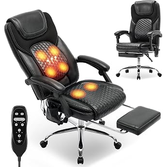 COLAMY Ergonomic Leather Executive Chair with 6 Point Massage &amp; 3 Level Heating Function, Height Adjustable, Adjustable Backr