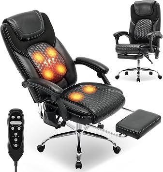 COLAMY Massage Office Chair with Footrest & Heated Lumbar Support – Ergonomic Executive Desk Chair with Reclining Back, Adjustable Height, Swivel & Padded Armrests for Home Office