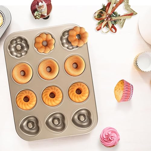 Miniatura 7 de Parmedu Molde para hornear donas molde antiadherente de 12 cavidades para hornear pasteles de acero al carbono, moldes de dona en forma de corazón