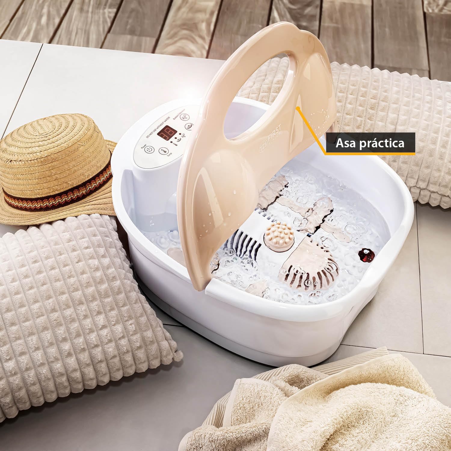 TZS First Austria - Baño de pies con función de masaje Digital - 450W - Pantalla LED & Luz Roja - Hasta Talla 43 - 3 Accesorios, Protección contra Salpicaduras & Caja de Aroma - Beige