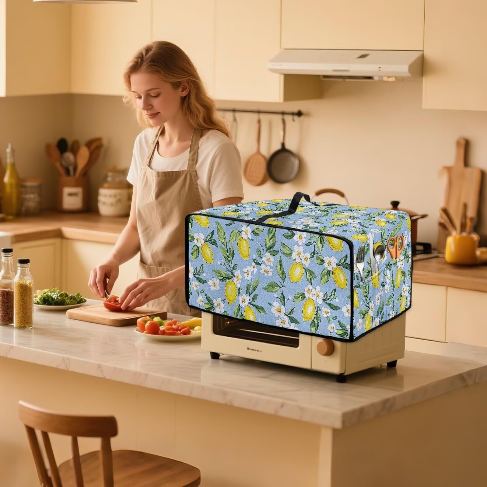 Wanyint Kitchen Appliance Cover for Toaster Oven Microwave Oven Air Fryer, with Storage Pockets Dust Protection Easy Clean Kitchen Accessories, 18.5 x 14.5 x 9 Inches, Lemon Flower Blue