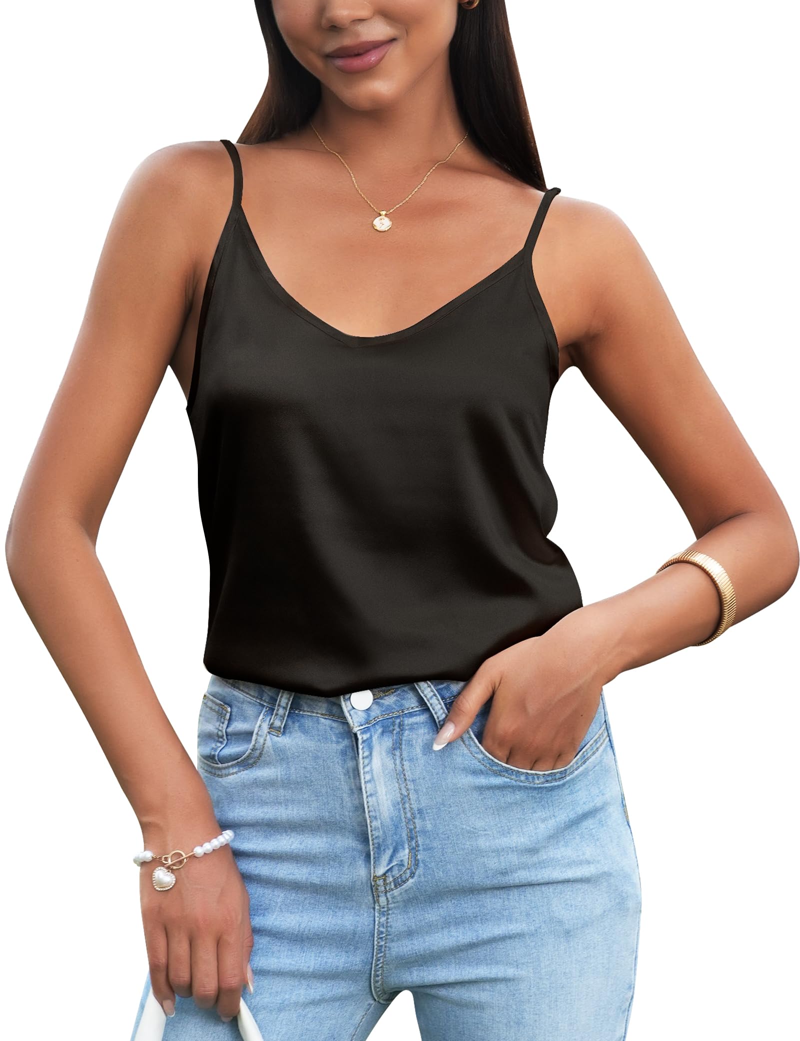 MELLIEX Camisetas Tirantes Mujer de Satén, Top Lencero con Doble Cuello en V, Ajustables Tirantes Camisetas Sin Mangas, Básico Suaves Tank Top