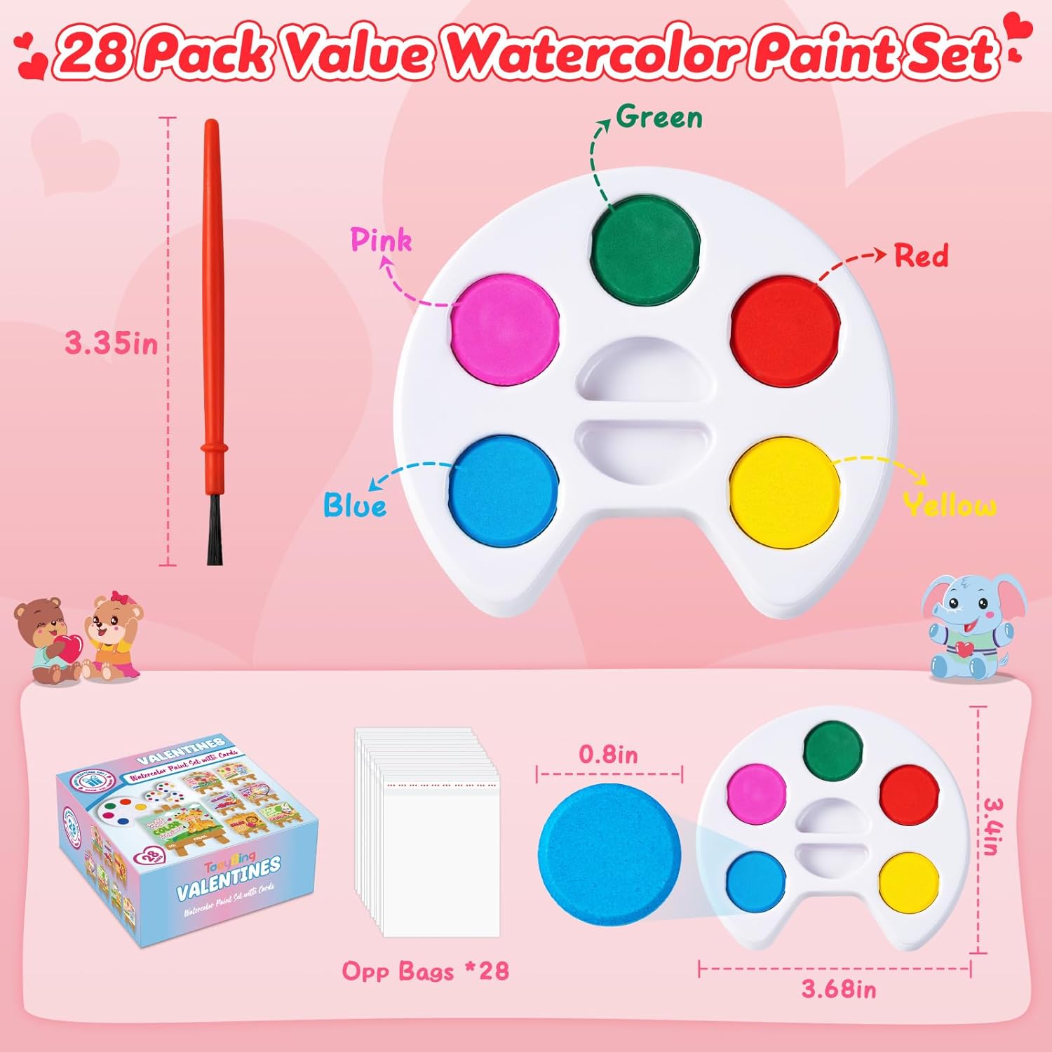 Valentines Day Cards for Kids School, 28 Pack Watercolor Paint Sets with Greeting Cards, Valentines Day Gifts for Kids Classroom Prize Exchange Gifts, Valentine Party Favors for Boys Girls