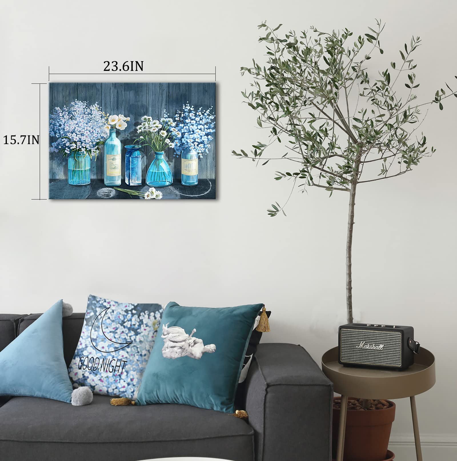 HKDGOKA Canvas Wall Art Bedroom Wall Decoration Flowers in Bloom in Blue Bottle Theme Picture Art Hanging on The Room Wall Great Gift Idea of Simple Canvas Printing Wall Art 24x36 inch