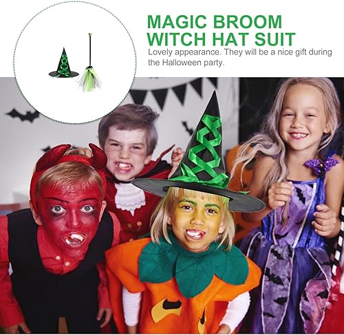 Miniatura 8 de SAFIGLE Sombrero de bruja de Halloween, escoba, cosplay, disfraz clásico de Halloween, escoba de bruja, sombrero de bruja, conjunto de disfraz para