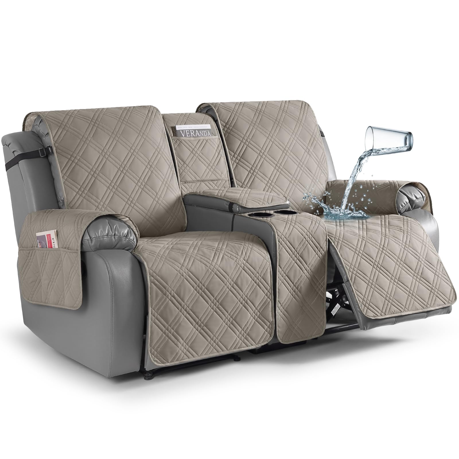 TAOCOCO Loveseat Recliner Cover with Center Console, 100% Waterproof Pet Covers for Dual Recliner with Straps Design, Split Reclining Loveseat Cover Furniture Pet&Kid Protector (2 Seater, Light Brown)