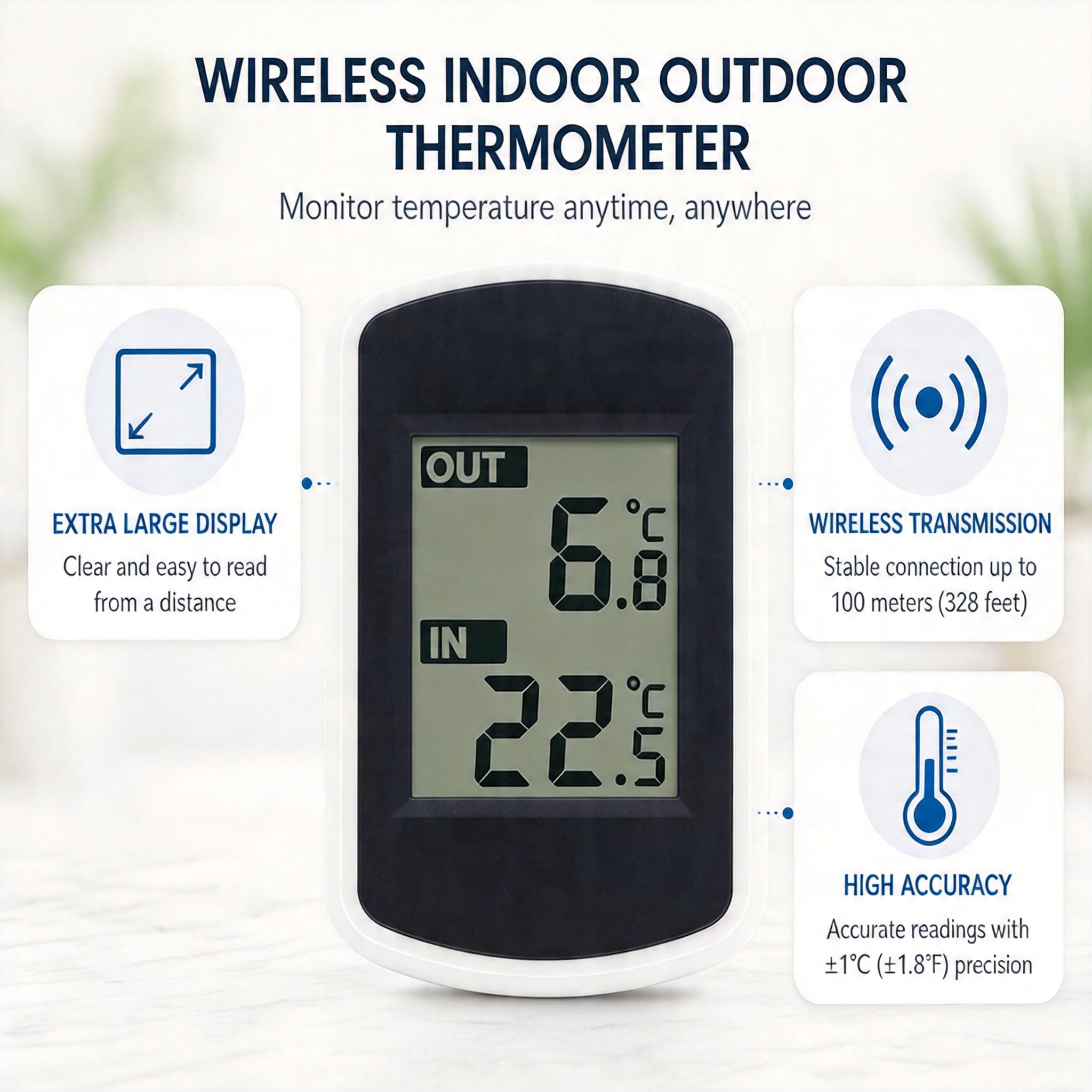 Termometro Interno Esterno Digitale Senza Fili con Display LCD,Sensore Esterno con Cavo,Misuratore Temperatura Ambiente per Casa,Ufficio,Cucina,Garage,Balcone,Serra,Cantina, Camera,Uso Quotidiano