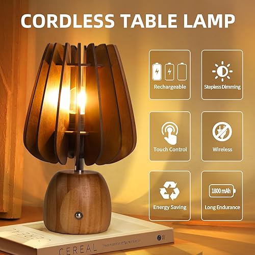 Miniatura 2 de Lámpara de mesa recargable inalámbrica, lámpara de madera con interruptor de atenuación táctil, lámpara táctil de hongos de 1800 mAh inalámbrica,