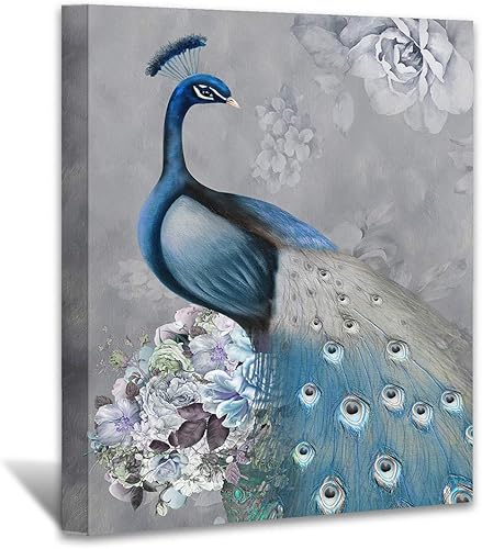 Miniatura 23 de Looife Lienzo decorativo para pared de pavo real, 16 x 32 pulgadas, pájaros verde azulado con flores, decoración de pared para decoración de DW148