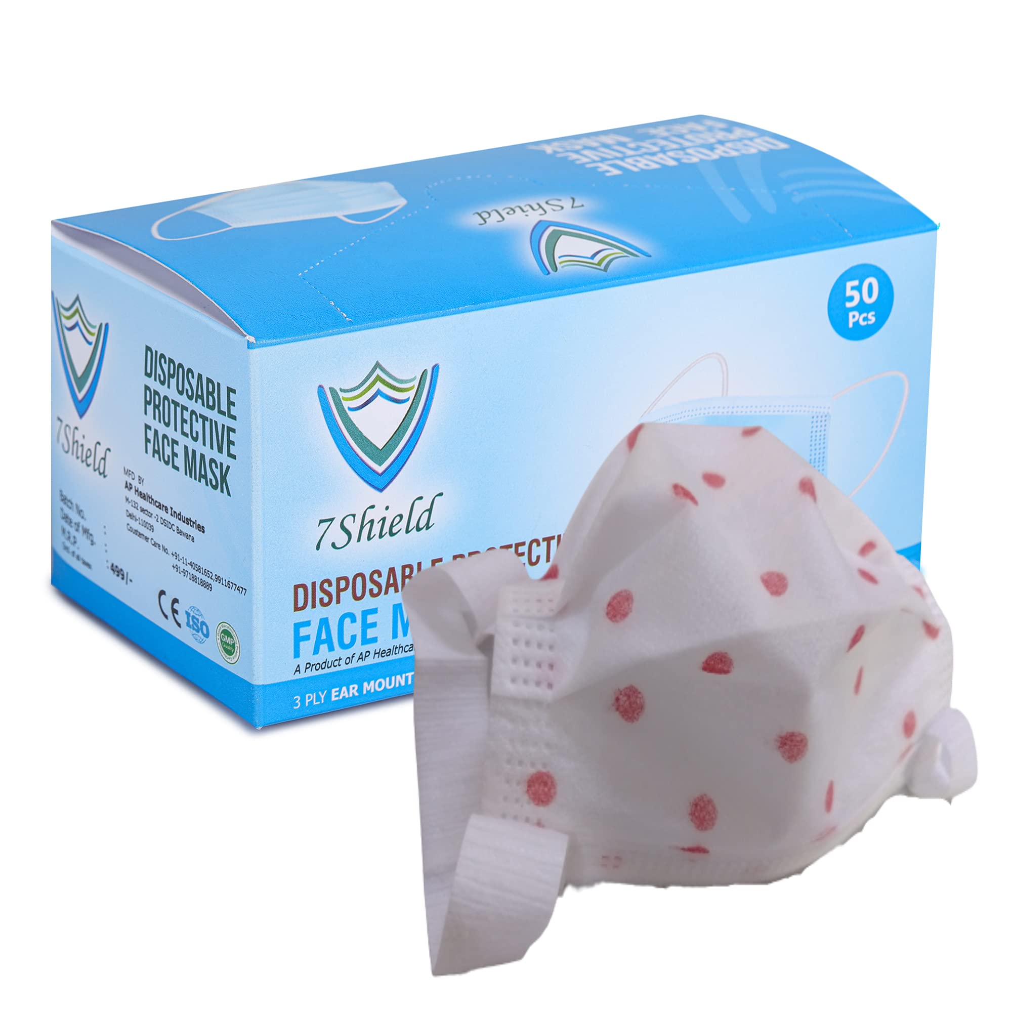 7Shield Disposable 3Ply Polka Dotted Face Mask for Kids - Ultra Soft Fabric Wide Ear Loop, Comfortable, Inbuilt Plastic Coated Nose Pin, CE and ISO Certified, Convenient Box Pack (Red Dot-200)