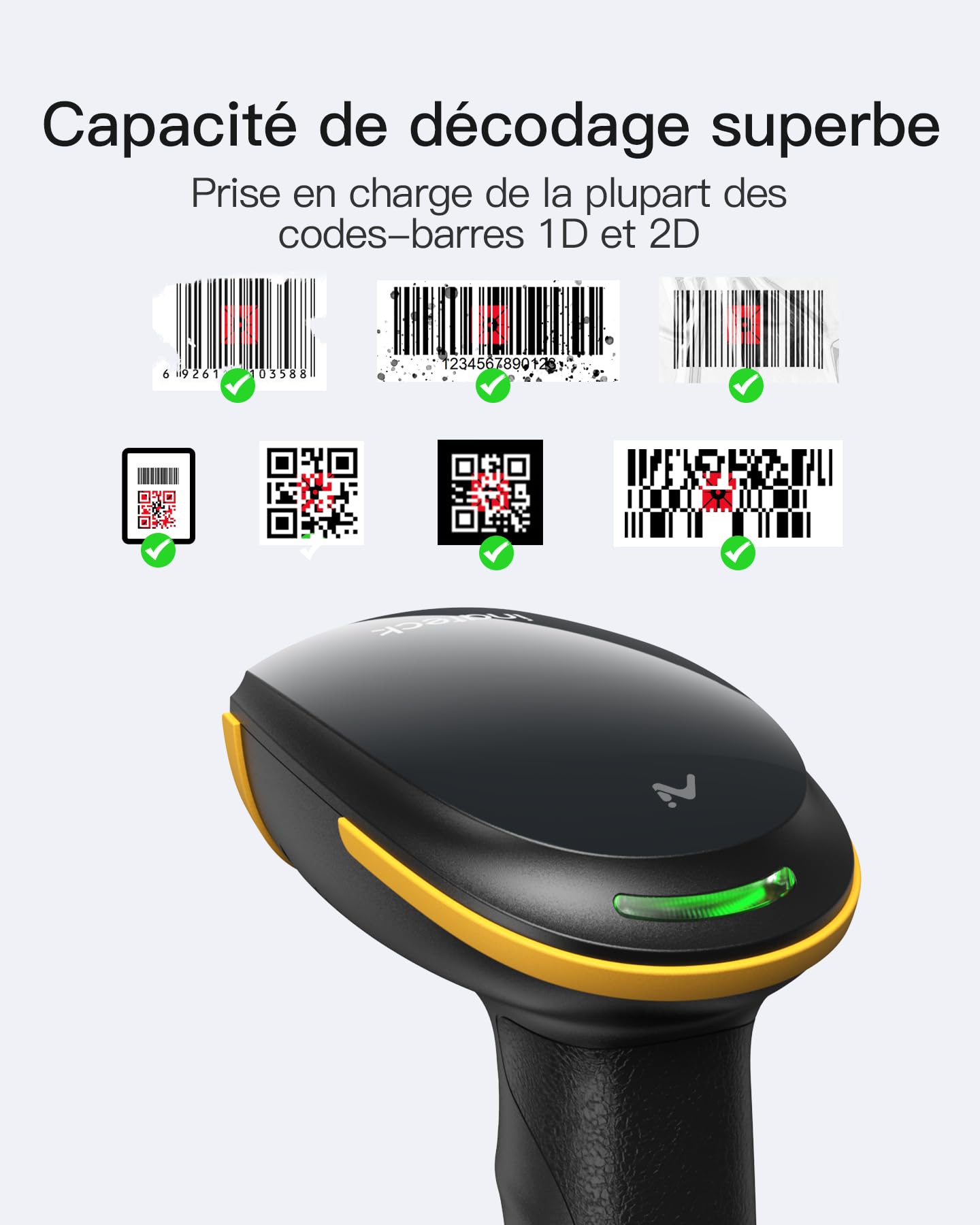 Inateck Scanner de Codes-Barres Bluetooth 2D sans Fil, QR Code 2D avec Batterie 2600 mAh et Base de Charge, BCST-36