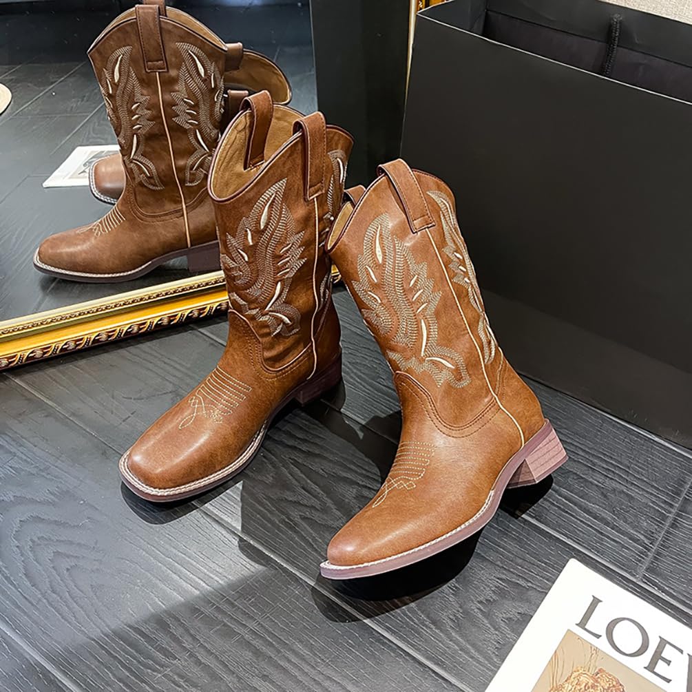 M&Catree Botas Vaqueras Occidentales de Pantorrilla Ancha para Mujer Botines Cowboy con Bordado Botas de Punta Cuadrada