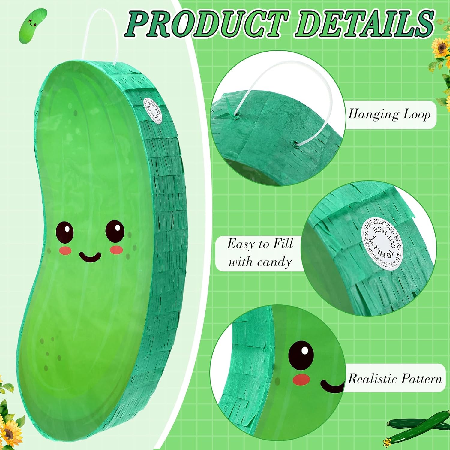 Pickle Piñata for Kids Birthday Party 15.7 x 6.7 x 2.8 Inches Cucumber Theme Piñata with Bat Blindfold and Confetti for Baby Shower Photo Props Cinco De Mayo Fiesta Decoration