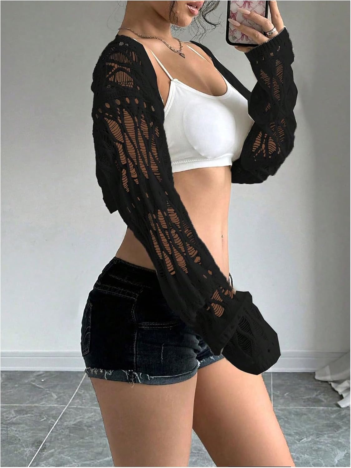 Verdusa Crochet Cropped Shrugs For Women Y2K Lightweight Cardigan Bolero Shrug Hollow Out Knit Top - Image 4