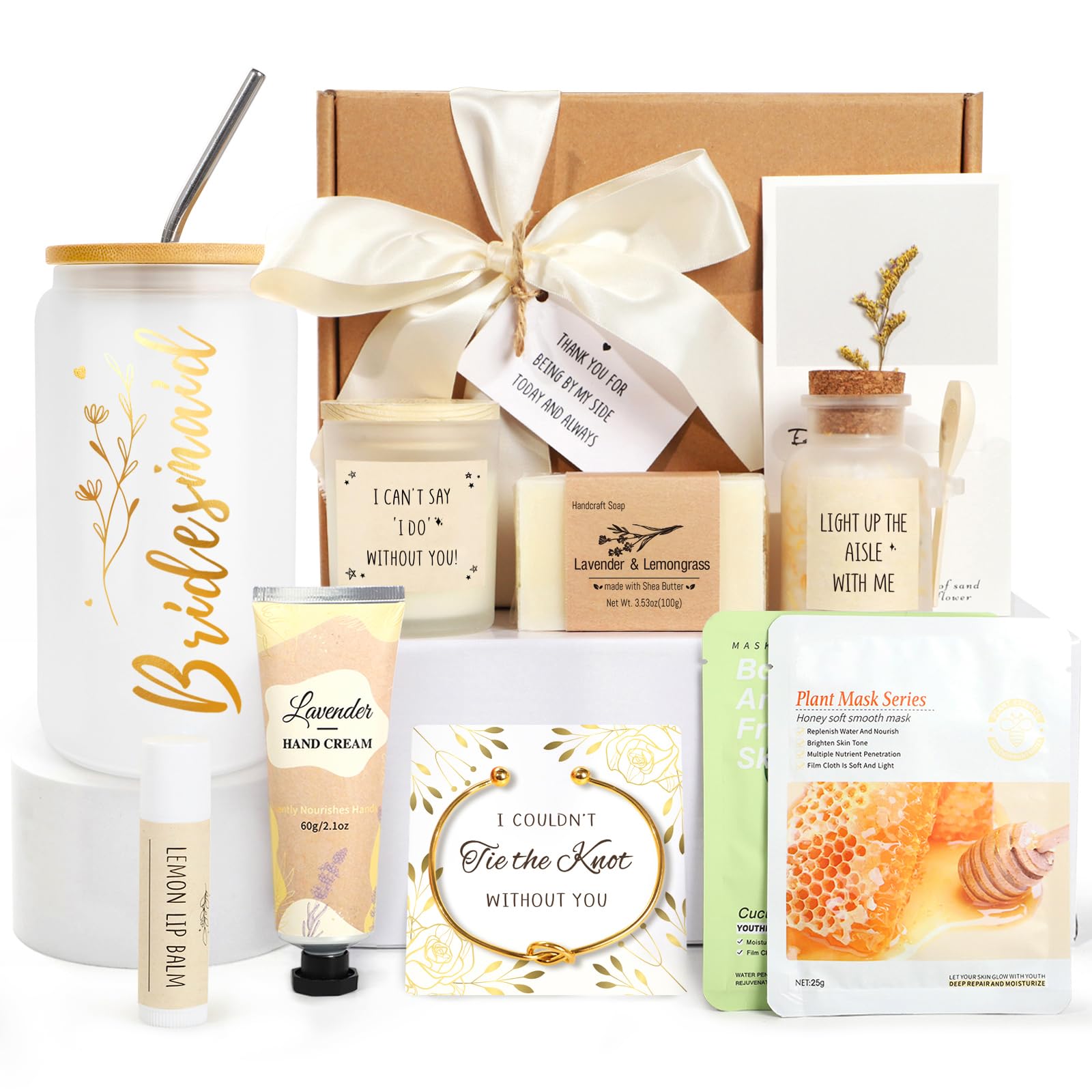 Bridesmaid Gifts, Will You Be My Bridesmaid Proposal Box Set for Wedding Day, 10PCS Hamper Pamper Gifts with 16oz Glass Candle & Hand Cream, Bridal Shower & Spa Self Care Present