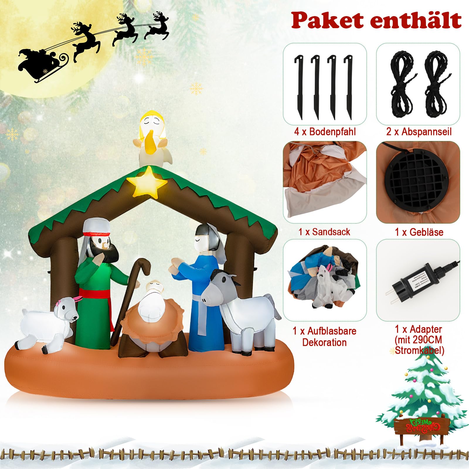 COSTWAY 180 cm Aufblasbare Weihnachtskrippe, Weihnachtsdeko mit LED-Lichter, Nachstellung der Geburt Jesu, Weihnachtsbeleuchtung, Weihnachtsdekoration für drinnen und draußen, selbstaufblasend