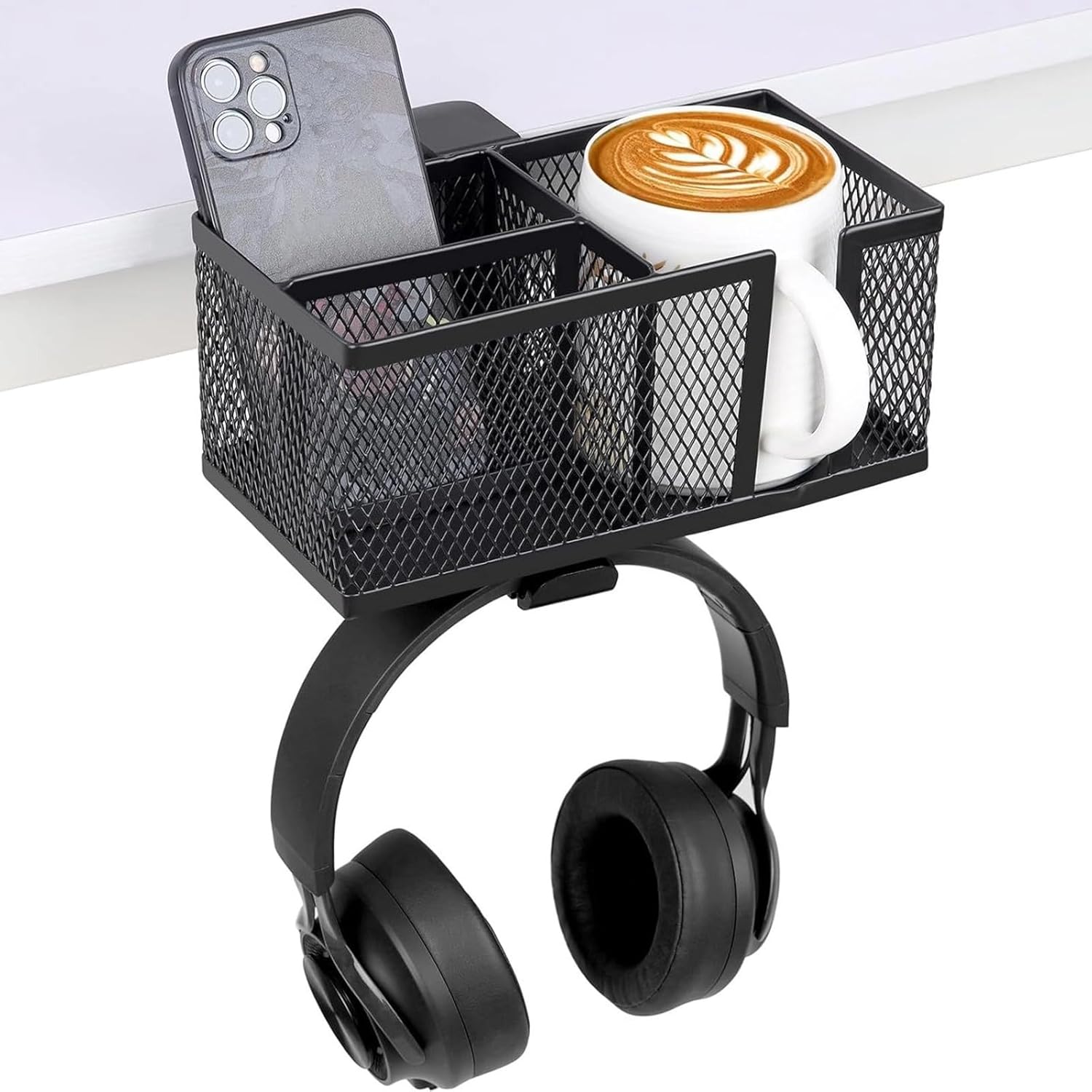 Metal Clip On Cup Holder, Black Metal Desktop Organizer, Desk Accessories Holder Clamp, No-Drill Easy Install for Cups, Bottles, Drinks, Headphones
