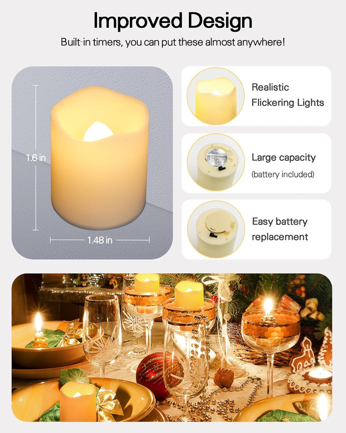 SHYMERY Flackernde flammenlose Votivkerzen mit Timer, 24 Stück, 15 Tage länger, batteriebetriebene LED-Teelichter in warmweiß, für Hochzeit, Tisch, Festival, Feier, Halloween, Weihnachtsdekoration