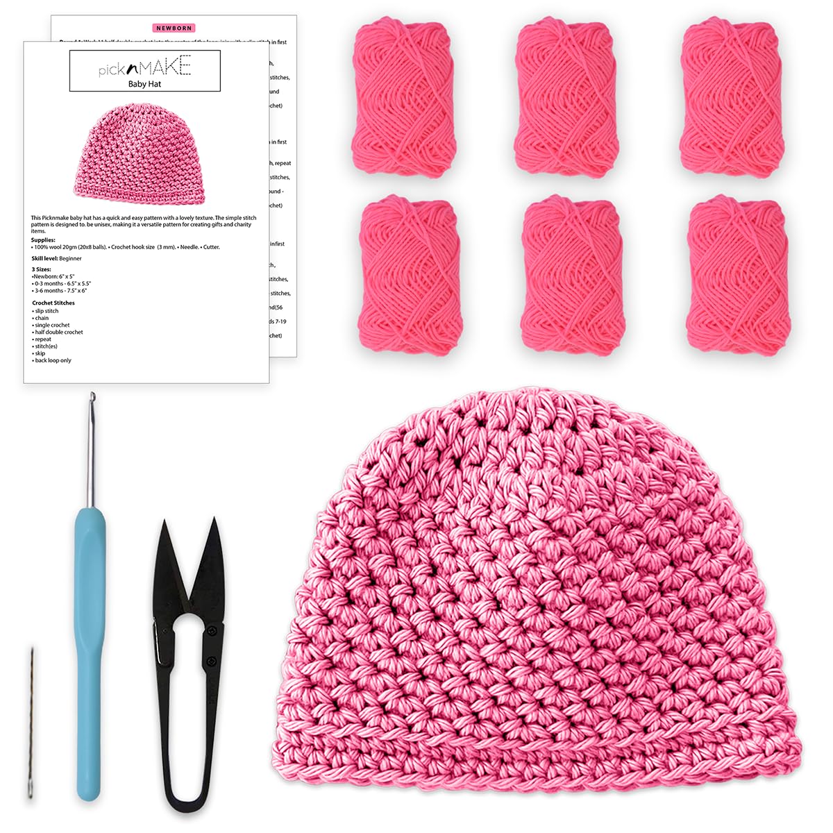 picknMAKE DIY Crochet Set of Baby Beanie Hat Kit for Beginners Adult– Includes Pink Wool, 3mm Crochet Hook, Needle, Cutter & Step-by-Step Instructions-image-47