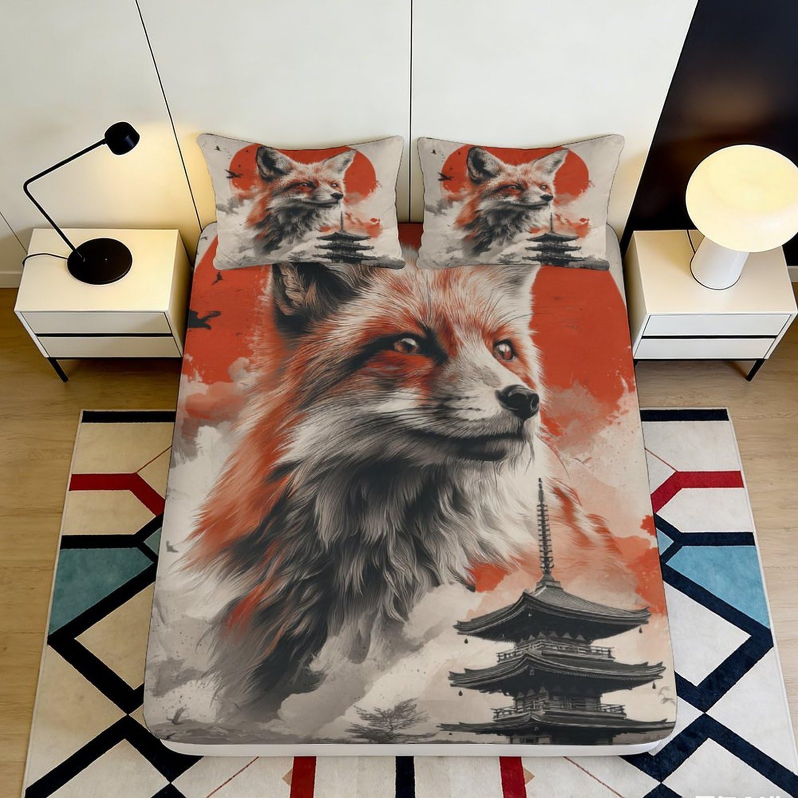 3D Printed fox Fitted Sheet, microfiber soft touch, orange grey Japanese style, anti-slip, easy care, apartment bedding, bedroom decor, dustproof, wrinkle resistant, guest room, 117 90x200x25cm