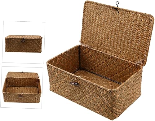 Miniatura 8 de ABOOFAN Cesta de almacenamiento tejida con tapa, caja de almacenamiento tejida de algas marinas, cesta de paja grande, colorante natural para el