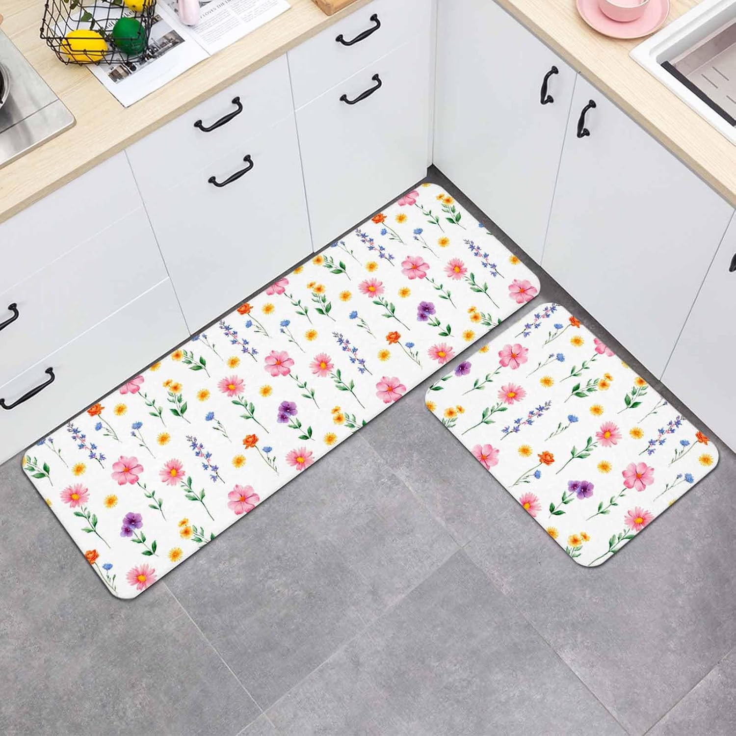 Prime Leader Spring Summer Wildflowers Kitchen Mat Set 2 Pieces Pink Green Yellow Floral Non Slip Kitchen Rugs Washable Runner Rug Mats for Floor Sink Laundry Office 23.6" x 35.4"+23.6" x 70.9"