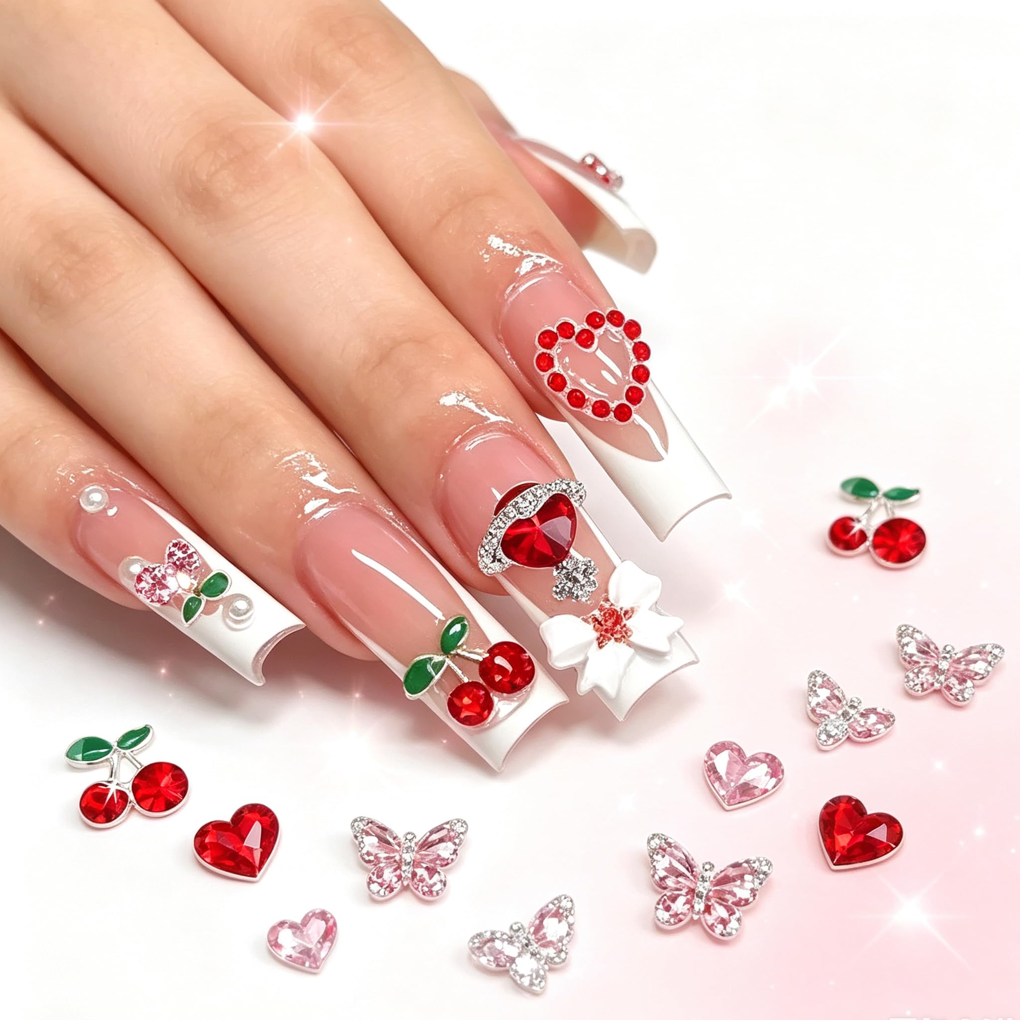 COOSLIM 45 ciondoli per unghie a forma di ciliegia, con strass rossi e rosa, gemme per nail art, stelle, cuore, pianeta, perle, decorazioni per unghie, a forma di Saturno, accessori per unghie in