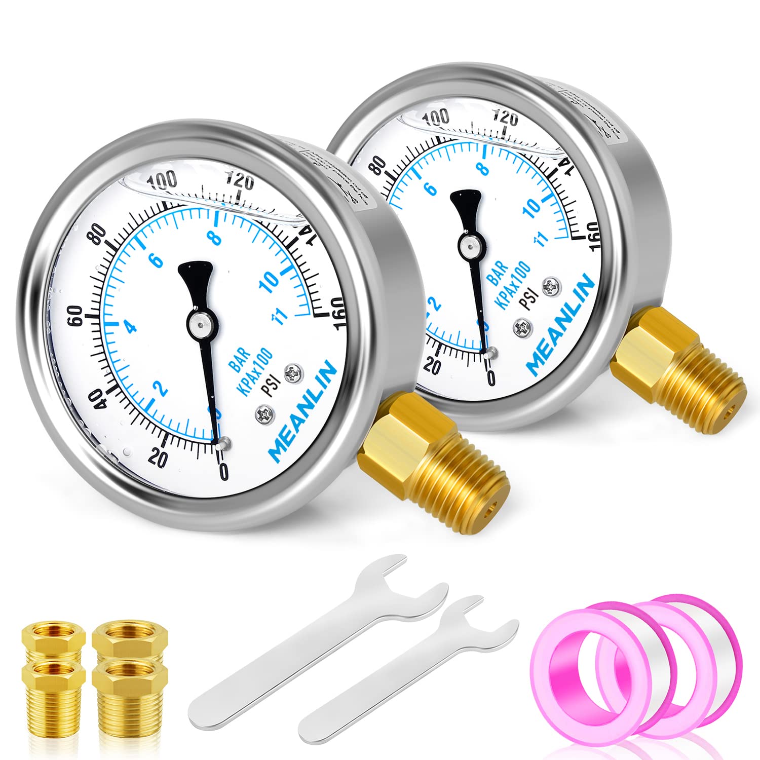 MEANLIN MEASURE 0~160Psi Stainless Steel 1/4" NPT 2.5" FACE DIAL Liquid Filled Pressure Gauge WOG Water Oil Air Lower Mount (Pack of 2), with 1/2" NPT