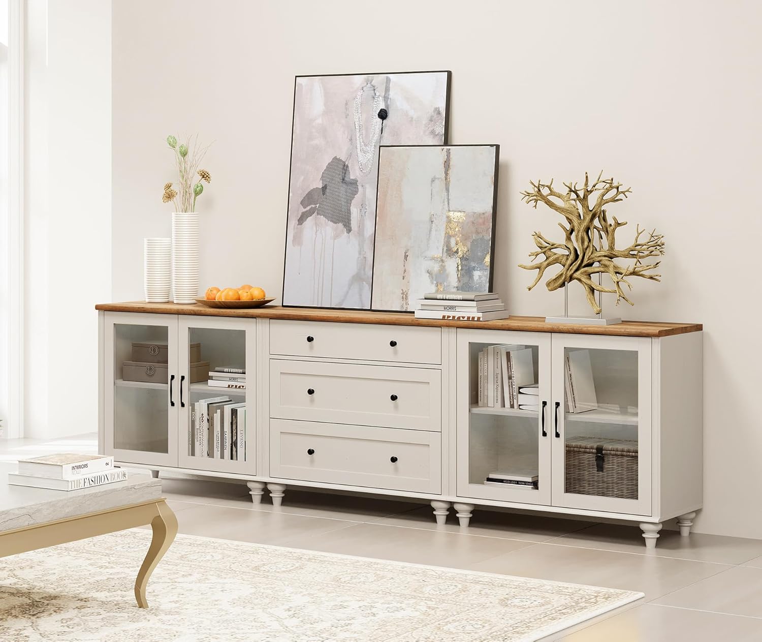 WAMPAT 3-in-1 Sideboard Buffet Cabinet with Storage, Kitchen Pantry Storage Cabinet with Glass Door & Drawer, Console Table Entertainment Center for Living Room Dining Room, Off White