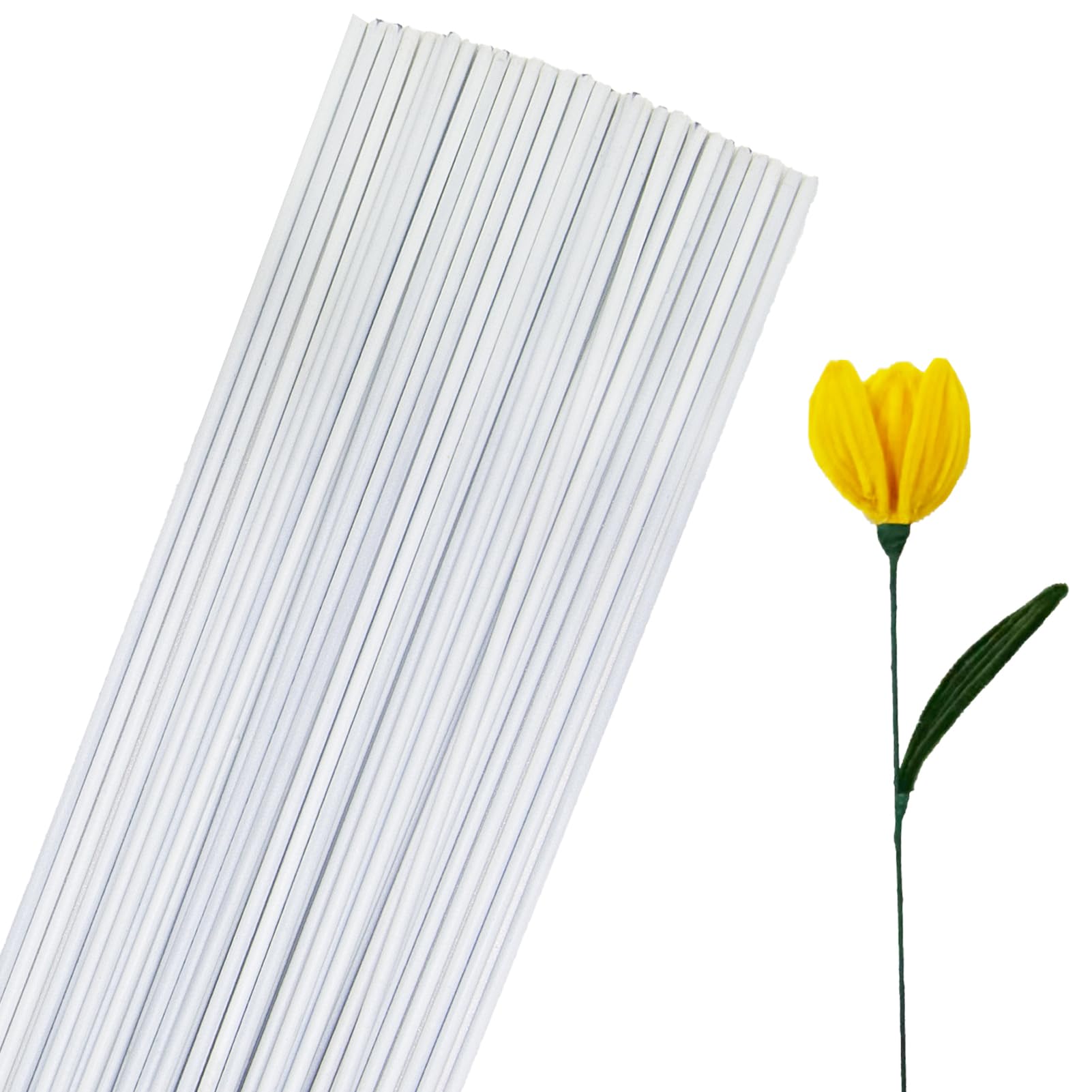 Plastic Wrapped Floral Stems Bulk - 2 Gauge Thick White Flower Stems for Crafts, 50 Pcs 16 Inch Long Wire for Arrangements, DIY Bouquet, Wreath Making